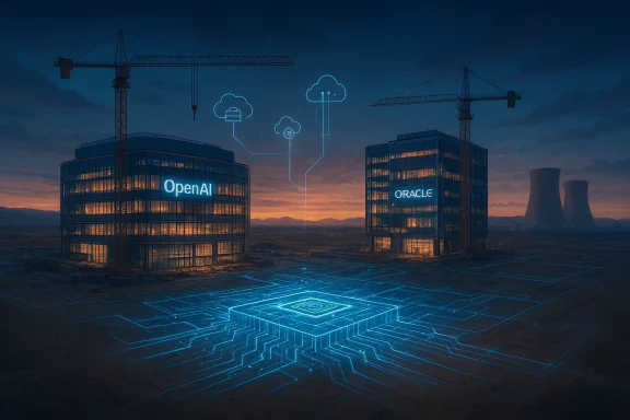 OpenAI and Oracle towers under construction, with neon cloud circuits lighting the ground.