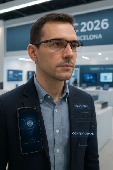 Professional man in a suit with glasses, a phone clipped to his chest, and a futuristic HUD overlay.