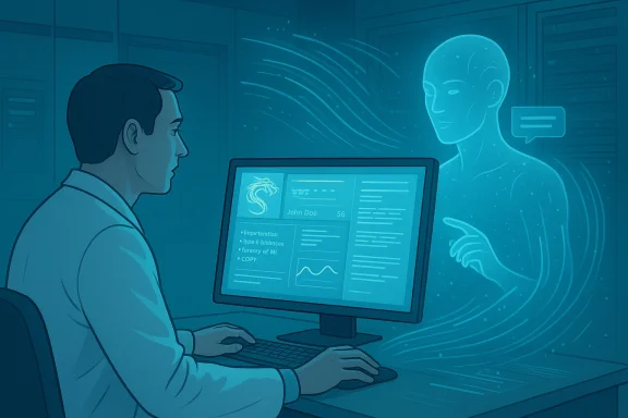 A man at a computer is aided by a translucent holographic figure analyzing data.