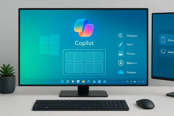 Sleek desk setup with a large monitor displaying Copilot branding, a keyboard, mouse, and a potted plant.