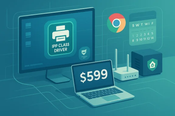 Teal-toned tech desk with a laptop showing $599, monitor displaying IPP class driver, router, and Chrome icon.