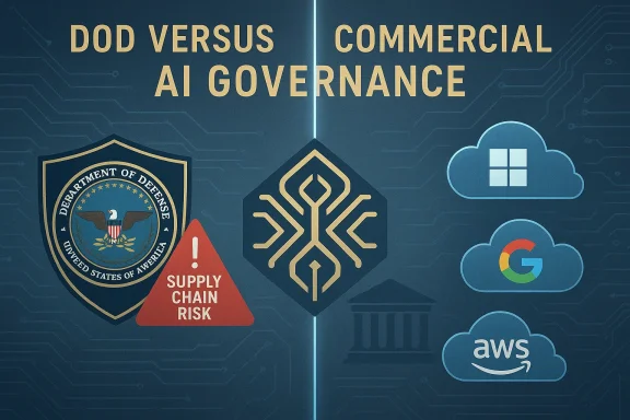 DoD vs. Commercial AI Governance: defense shield contrasts with cloud-provider logos.