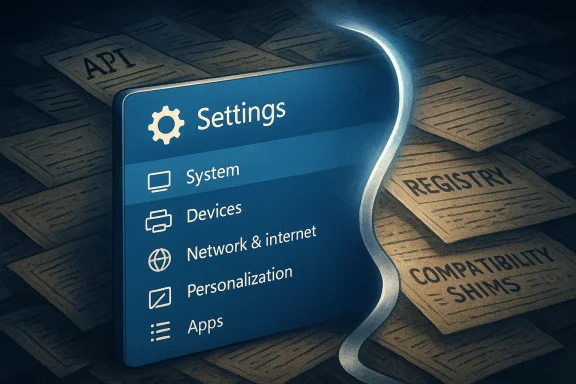 A curved blue Windows Settings panel showing options like System, Devices, Network, Personalization, Apps.