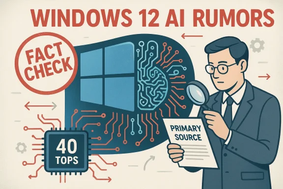 Retro infographic fact-checking Windows 12 AI rumors, with a man examining a circuit-brain chip.