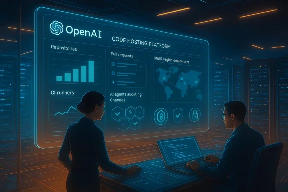 Two engineers review OpenAI's code hosting dashboard on a glowing HUD in a server room.