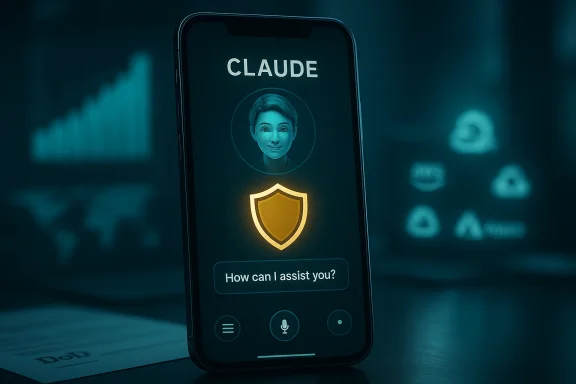 CLAUDE AI assistant on a smartphone, shield icon glowing to symbolize security.