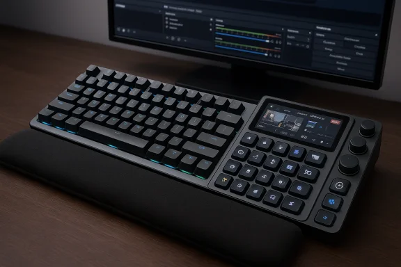 A mechanical keyboard with an integrated touchscreen control panel on a wooden desk.