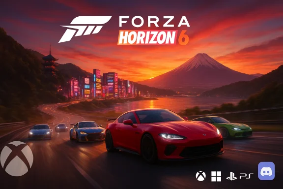 Forza Horizon 6 promo: a red sports car leads neon-lit racers along a coastal road at sunset beside Mount Fuji.