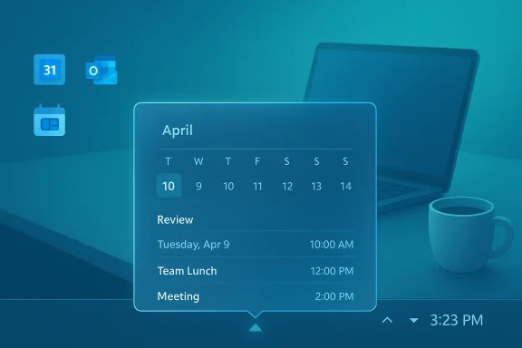 Blue calendar pop-up on a desk with laptop and mug, showing April events.