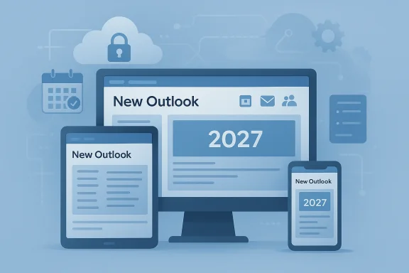 Blue illustration of the New Outlook interface on computer, tablet, and phone, showing 2027.