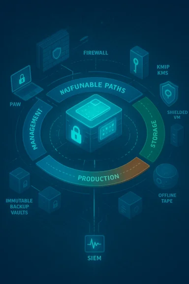 Diagram of a secure data protection stack with immutable vaults, offline tape, and SIEM.