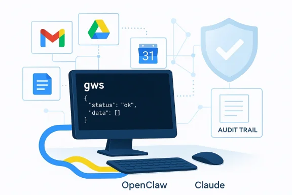 Desktop monitor shows gws JSON response amid connected Google apps and an audit trail shield.
