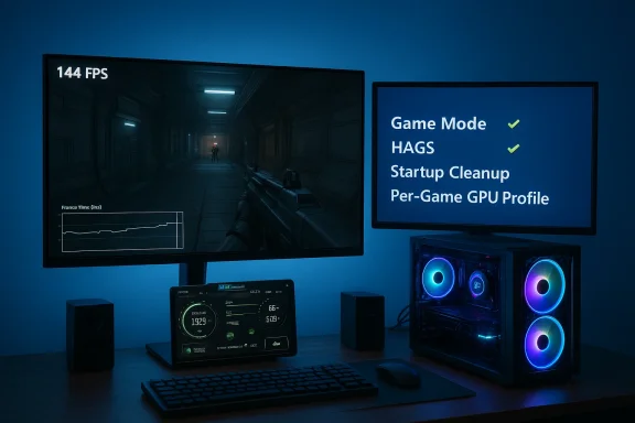 A blue-lit gaming desk with a big monitor showing 144 FPS and a second screen listing game-mode features.