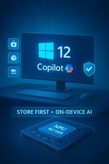 Blue-toned tech setup featuring Windows 12 Copilot, on-device AI, and a 40 TOPS NPU.