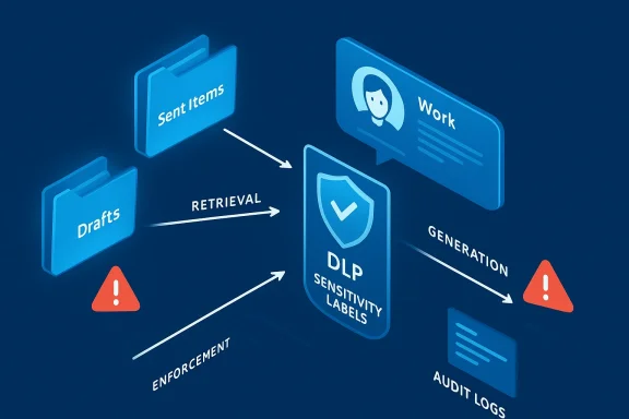 DLP workflow shows drafts and sent items labeled with sensitivity, enforced and audited.