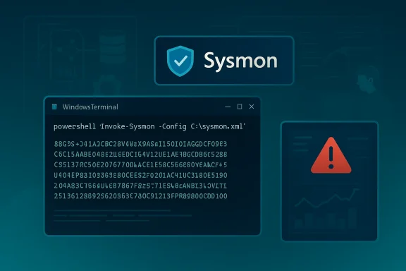 Sysmon security scene: Windows Terminal runs Invoke-Sysmon with a config file and a warning alert.
