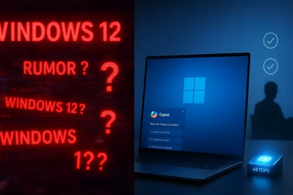 Split image: left shows Windows 12 rumors; right shows a Windows laptop with Copilot AI.