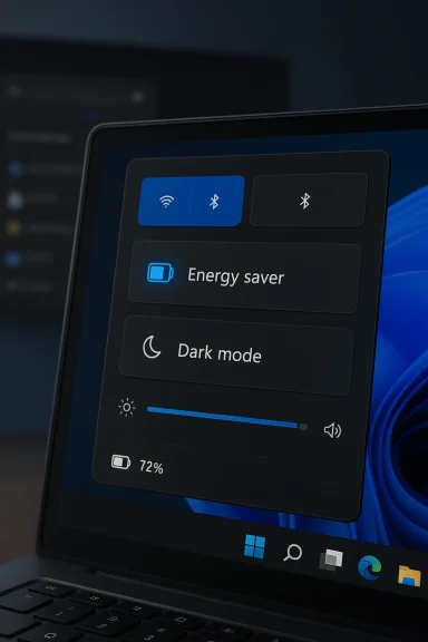 Laptop screen showing Windows quick settings with Energy saver and Dark mode options.