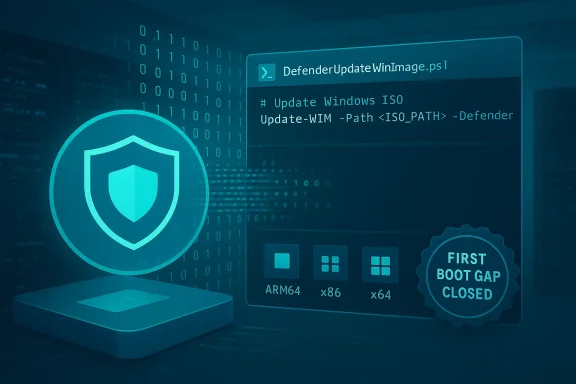 Teal shield icon and script window showing DefenderUpdateWinImage.ps1 for Windows ISO updates.