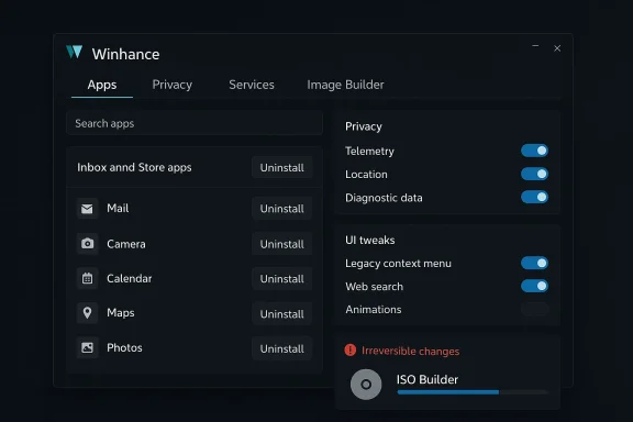 Dark Winhance app manager showing apps, uninstall buttons, and privacy toggles.