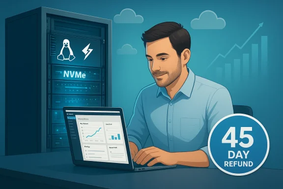 A man works on a laptop beside an NVMe server rack, with a 45-day refund badge.