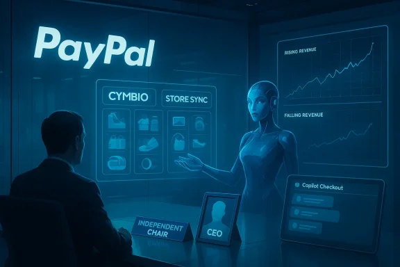PayPal boardroom scene with a holographic AI assistant presenting revenue trends.