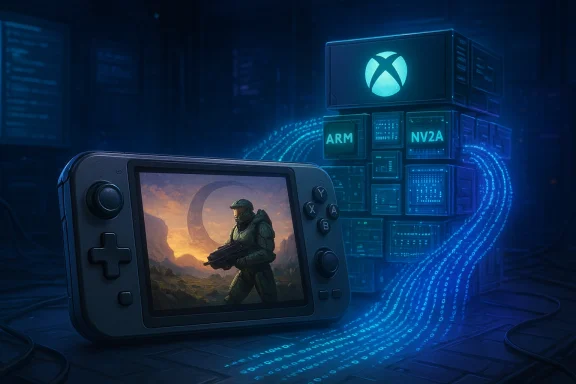 A handheld game console shows a helmeted soldier beside neon Xbox-branded server cubes streaming data.