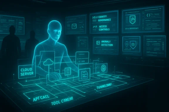 A futuristic holographic analyst monitors cloud servers and security controls.