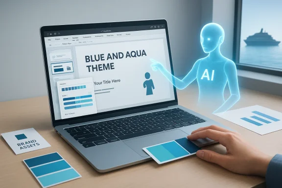 A holographic AI figure explains a blue-and-aqua themed presentation on a laptop.