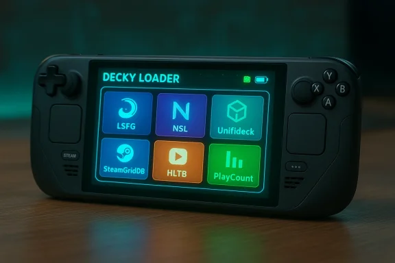 A handheld gaming console displays neon Decky Loader UI with colorful app tiles.