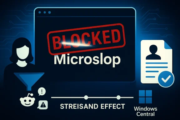 Tech illustration shows BLOCKED stamped over Microslop, with Streisand effect and Windows Central icons.