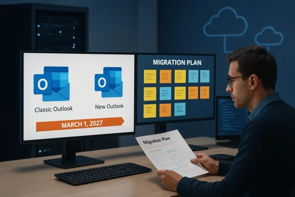 A person reviews a migration plan on dual monitors, comparing Classic Outlook vs. New Outlook.