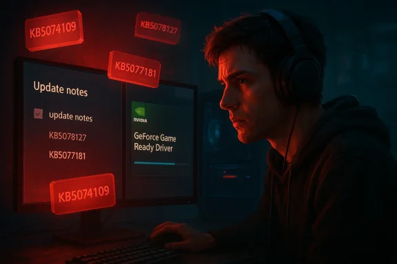 A gamer updates the GeForce Game Ready Driver in a dark, red-lit setup with floating KB update tags.
