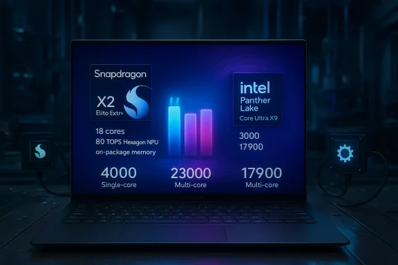 A dark laptop screen displays a neon chart comparing Snapdragon X2 vs. Intel Panther Lake Core Ultra X9 specs.