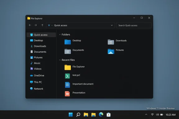 Windows 11 Insider Preview desktop showing a dark File Explorer with Quick access and folders.