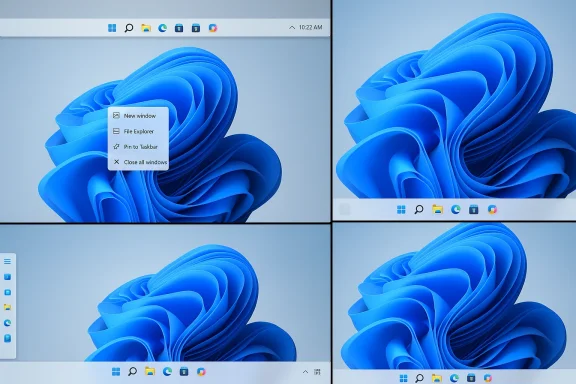 Four-panel Windows 11 desktop collage with blue abstract wallpaper and a bottom taskbar.