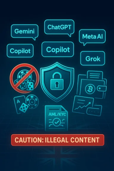 Neon signs display AI tools (Gemini, ChatGPT, Copilot, Grok, Meta AI) with a 'Caution: Illegal Content' banner.
