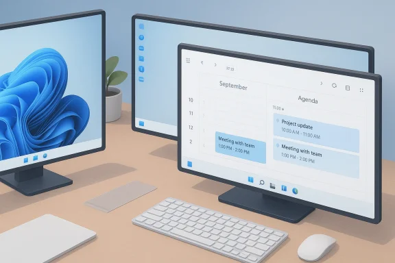 Sleek dual-monitor workspace with a calendar app displayed on the right screen.
