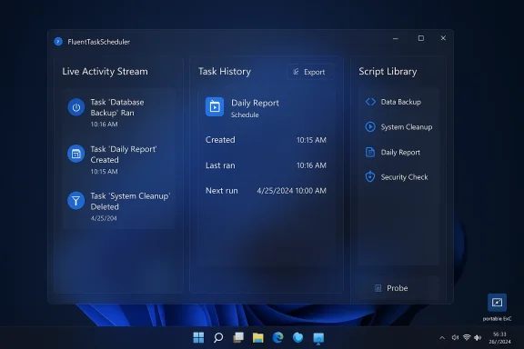 FluentTaskScheduler window showing Live Activity Stream, Task History, and Script Library.