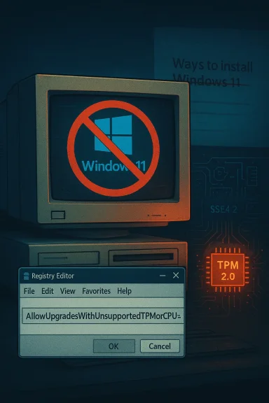 Retro PC shows a Windows 11 prohibition sign, TPM 2.0 glow, and a registry hint to bypass upgrades.