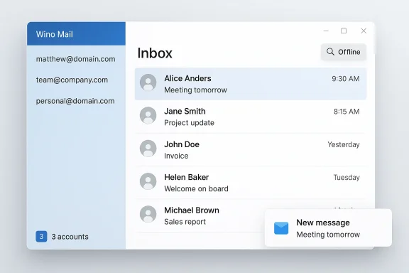 Wino Mail desktop UI with a left account pane, a right inbox list, and a New message popup.