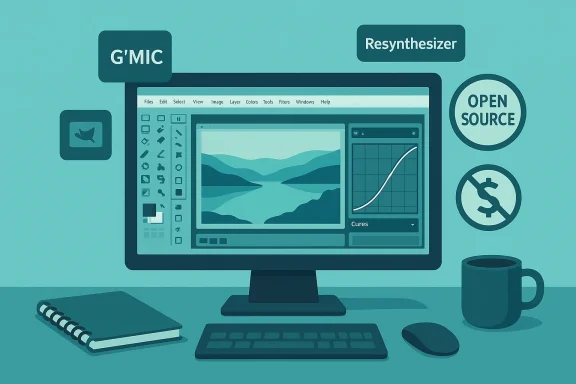 Teal-toned desktop setup showcasing open-source image editing tools like G'MIC and Resynthesizer.