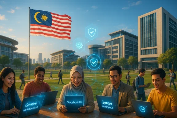 Malaysian flag flies as students study on campus with holographic laptop overlays.