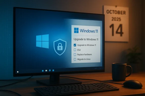 A Windows 11 upgrade prompt is displayed on a blue-lit computer monitor at a desk. A Windows 11 upgrade prompt is displayed on a blue-lit computer monitor at a desk.