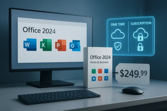 Office 2024 software box and monitor displaying $249.99 with one-time or subscription options.