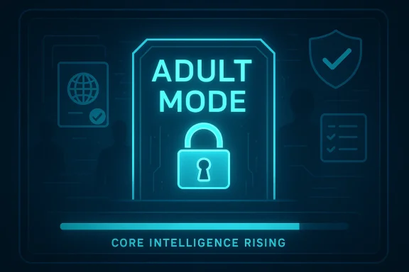 Neon blue UI panel with “ADULT MODE” lock, shield, and a progress bar.