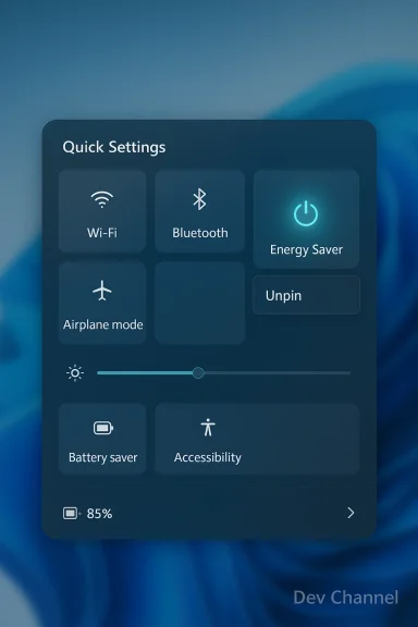 Dark blue Quick Settings panel with Energy Saver active, showing Wi‑Fi, Bluetooth, brightness, and battery tiles.
