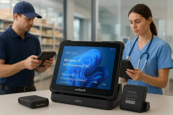 A nurse and a technician use handheld tablets next to a Windows 11 IoT Enterprise LTSC terminal.