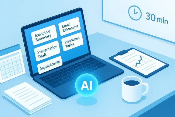Blue-tinted desk scene with a laptop showing task tiles, clipboard, coffee, AI icon, and a 30-min timer.