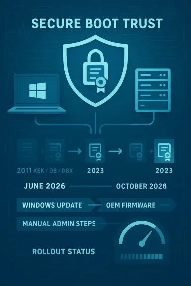 Infographic depicting Secure Boot Trust with a shield and a 2011–2026 device rollout timeline.